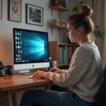 Jeune femme assise à un bureau à la maison en train d'ajuster ses réglages de jeu
