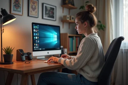 Jeune femme assise à un bureau à la maison en train d'ajuster ses réglages de jeu