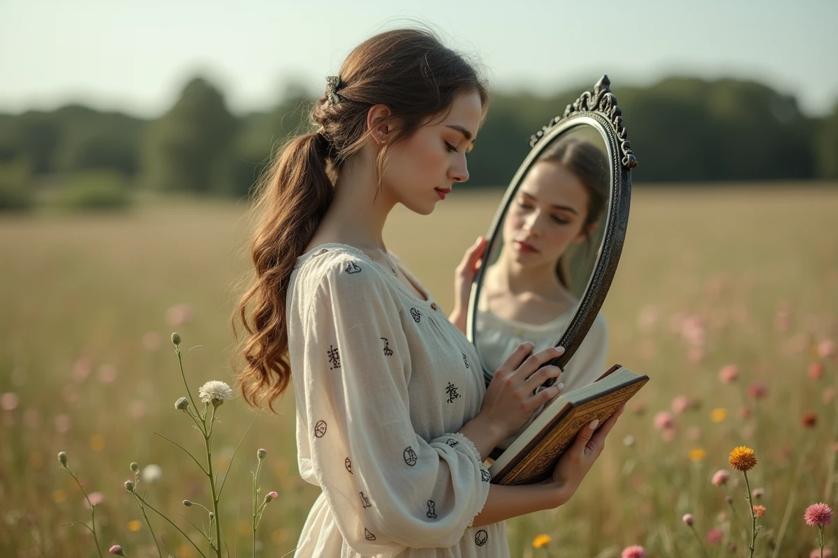Jeune femme dans un champ de fleurs avec miroir et livre