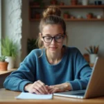 Jeune femme en sweater bleu faisant un quiz politique à la maison