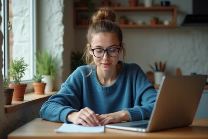 Jeune femme en sweater bleu faisant un quiz politique à la maison