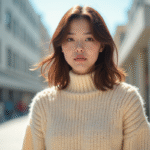 Jeune femme portant un pull en chenille pastel en extérieur