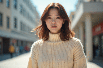 Jeune femme portant un pull en chenille pastel en extérieur