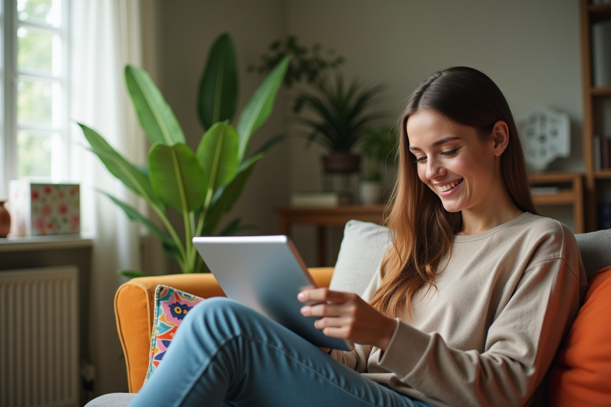 Jeune femme souriante utilisant une tablette dans un salon lumineux