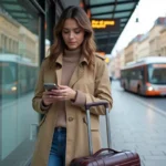Jeune femme à Lyon vérifiant son horaire à l'arrêt de bus