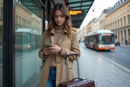 Jeune femme à Lyon vérifiant son horaire à l'arrêt de bus
