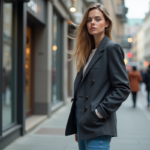 Jeune femme en blazer urbain sur un trottoir animé