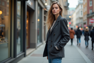 Jeune femme en blazer urbain sur un trottoir animé