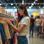 Jeune femme examine un rayon de vêtements colorés en magasin
