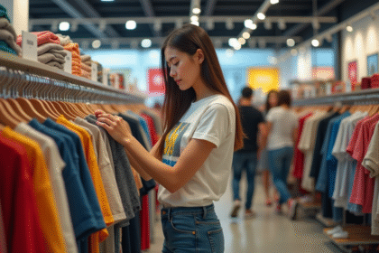 Jeune femme examine un rayon de vêtements colorés en magasin