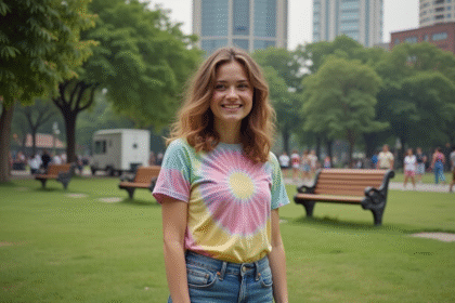 Jeune femme en jeans flare et t-shirt tie-dye dans un parc urbain vintage
