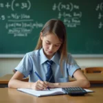 Jeune fille en uniforme résolvant des problèmes de mathématiques en classe