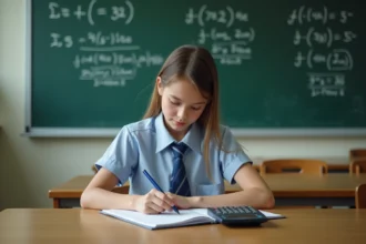 Jeune fille en uniforme résolvant des problèmes de mathématiques en classe