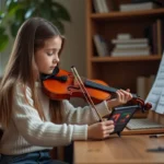 Jeune fille de 11 ans ajustant une tablette avec un calculateur de decibels dans une salle de musique chaleureuse