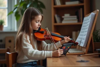 Jeune fille de 11 ans ajustant une tablette avec un calculateur de decibels dans une salle de musique chaleureuse