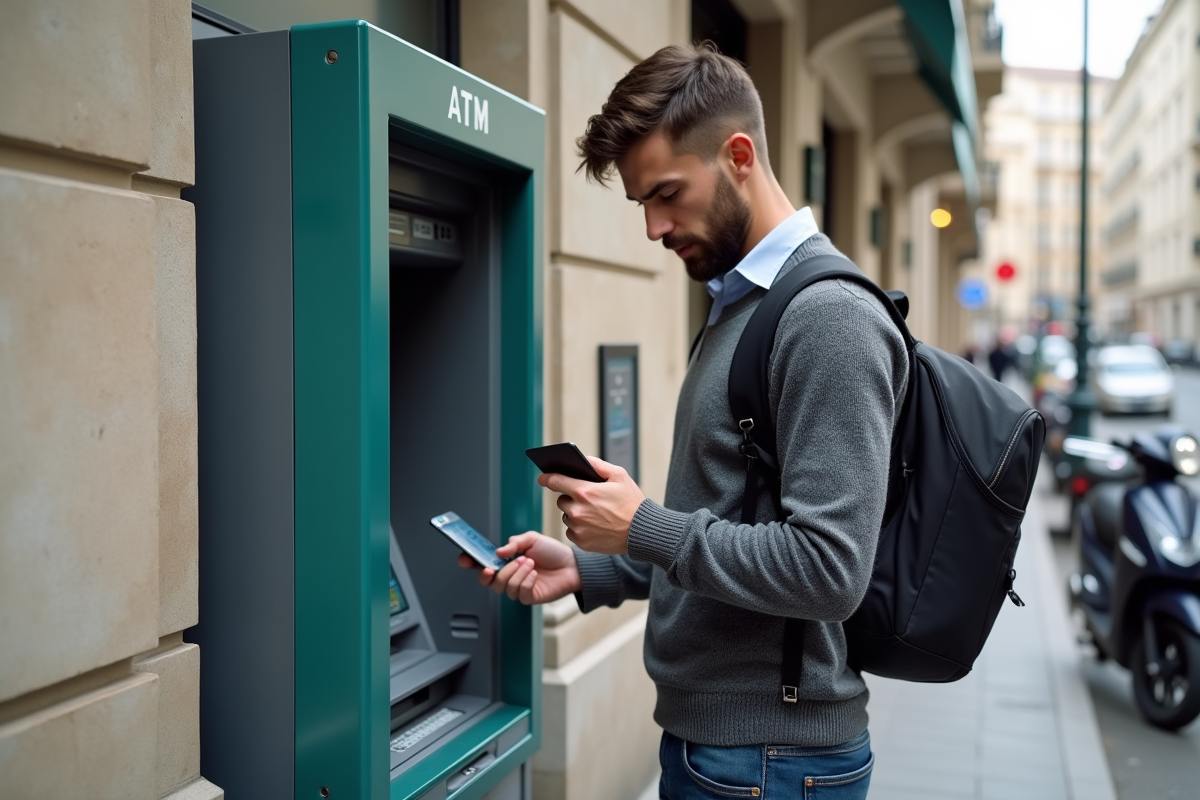 Jeune homme français devant un distributeur automatique à Paris