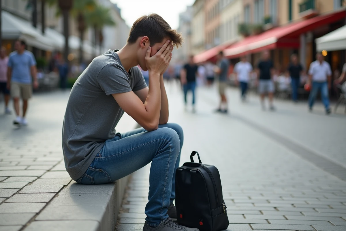 Jeune homme assis sur un trottoir à Cannes en détresse