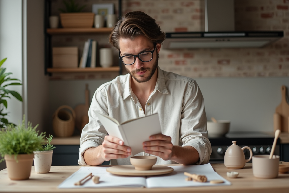 Jeune homme assemble un kit de poterie dans sa cuisine moderne