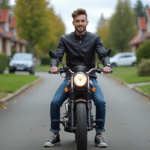 Jeune homme en moto dans un quartier résidentiel accueillant