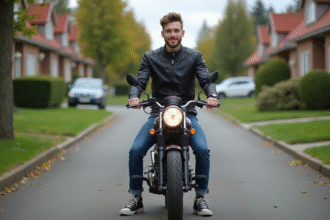 Jeune homme en moto dans un quartier résidentiel accueillant