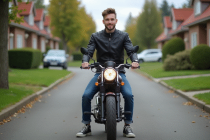 Jeune homme en moto dans un quartier résidentiel accueillant