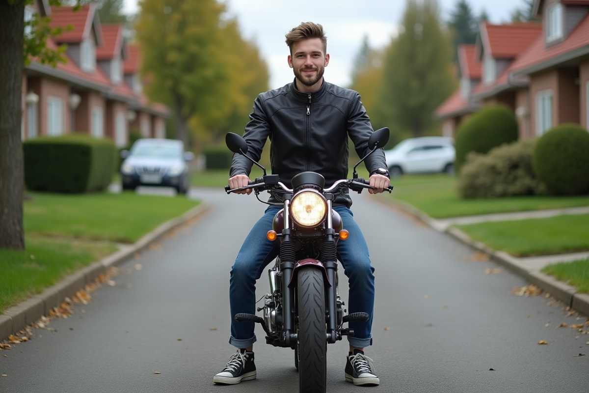 Jeune homme en moto dans un quartier résidentiel accueillant