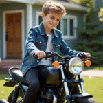 Jeune garçon en denim sur une moto 50cc dans la cour