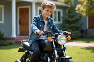 Jeune garçon en denim sur une moto 50cc dans la cour