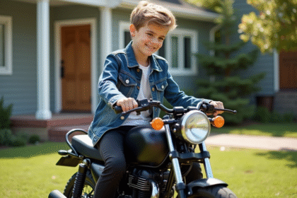 Jeune garçon en denim sur une moto 50cc dans la cour