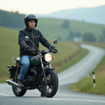 Jeune homme en moto dans la campagne avec paysage verdoyant