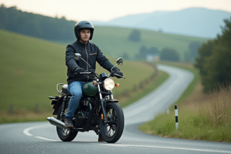 Jeune homme en moto dans la campagne avec paysage verdoyant