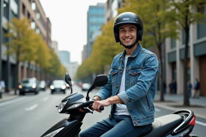 Jeune homme en denim sur moto en ville dynamique