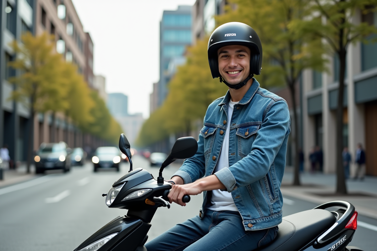 Jeune homme en denim sur moto en ville dynamique