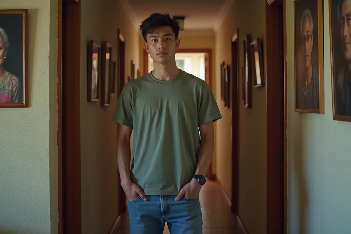Jeune homme pensif dans un couloir avec portraits de famille