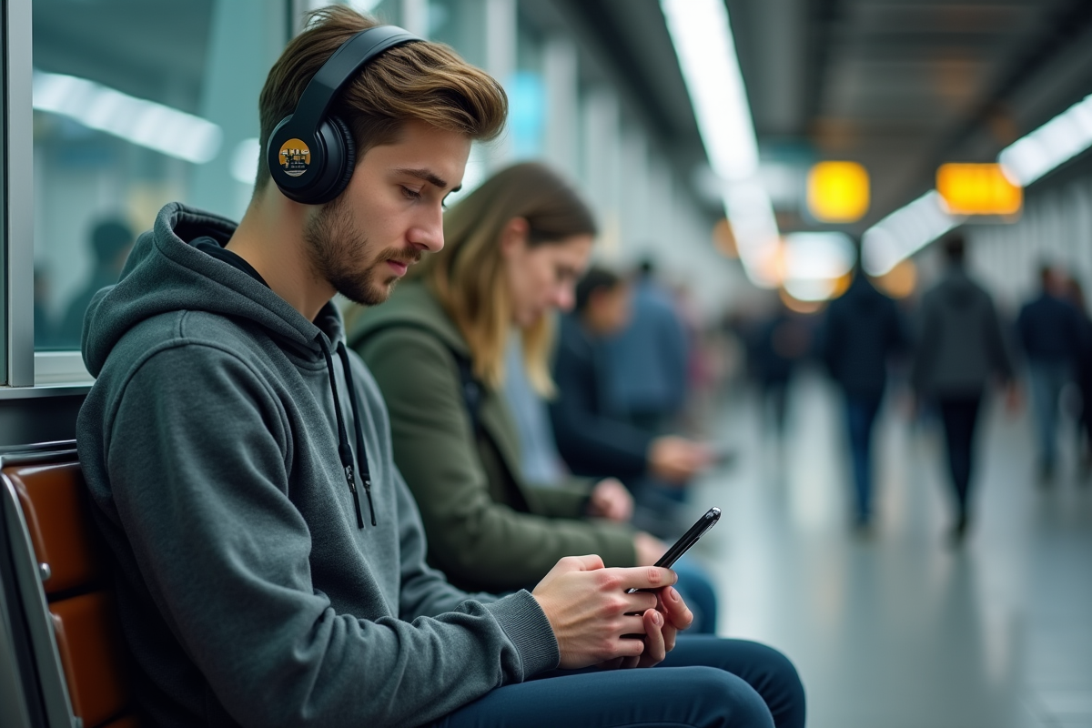 Jeune homme utilisant une application de traduction sur smartphone