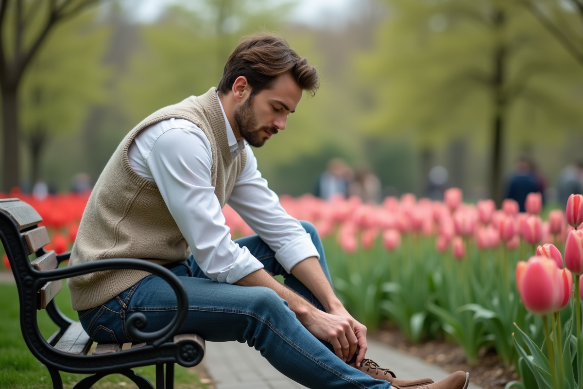 Jeune homme en jeans et chemise en nature au printemps