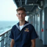 Jeune marin en uniforme navy sur le pont d'un navire