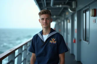 Jeune marin en uniforme navy sur le pont d'un navire