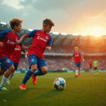 Jeunes footballeurs LOSC s'entraînent sur un terrain vert au coucher du soleil
