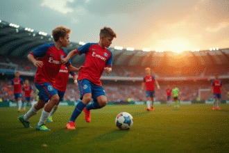 Jeunes footballeurs LOSC s'entraînent sur un terrain vert au coucher du soleil