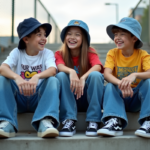 Groupe d'adolescents en streetwear 90s dans un parc urbain