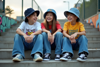 Groupe d'adolescents en streetwear 90s dans un parc urbain