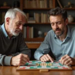 Deux hommes jouent au Scrabble dans un salon chaleureux