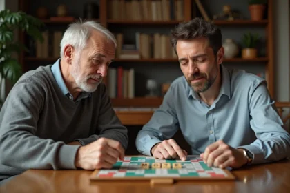 Deux hommes jouent au Scrabble dans un salon chaleureux