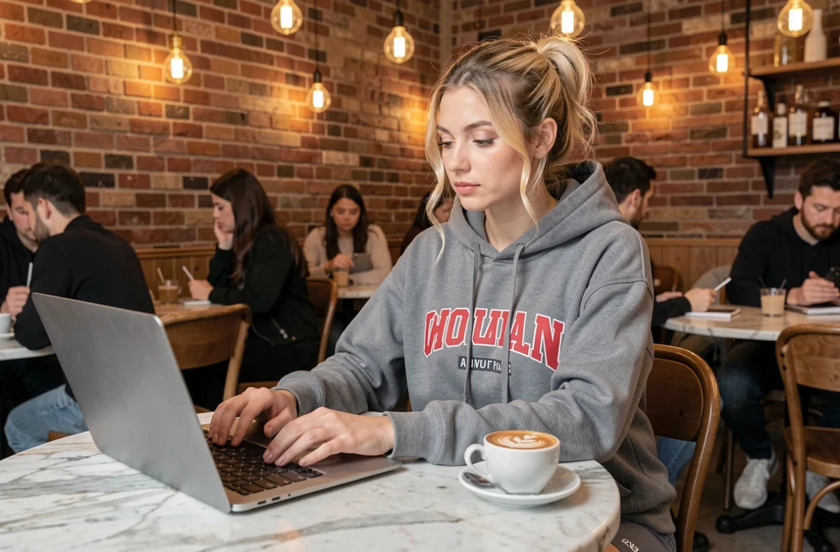 Jeune créatrice de contenu travaillant sur son ordinateur dans un café parisien tendance, illustrant le quotidien digital de Julia Frenchie Shore