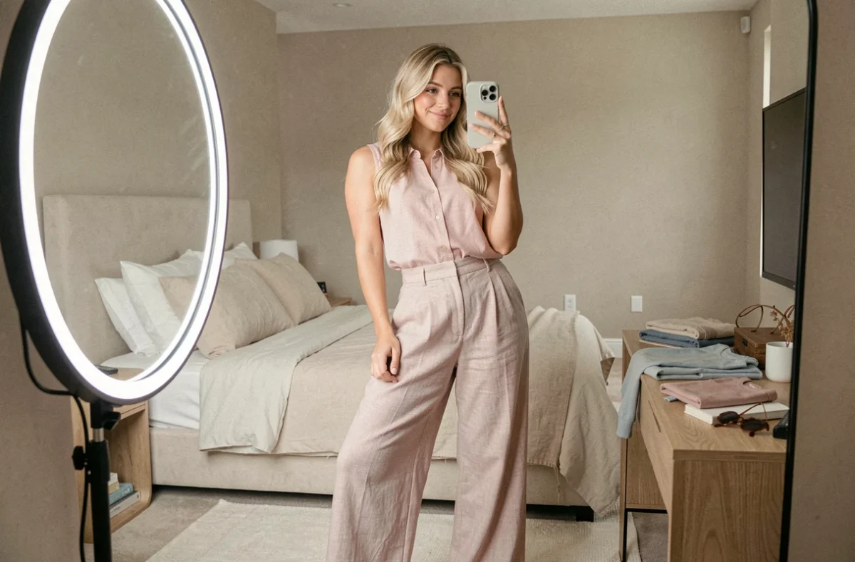 Influenceuse mode prenant un selfie miroir dans une chambre moderne et minimaliste, reflétant l'esthétique Instagram soignée de Julia Frenchie Shore