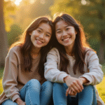 Jumeaux conjoints souriants dans un parc ensoleille