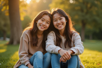 Jumeaux conjoints souriants dans un parc ensoleille