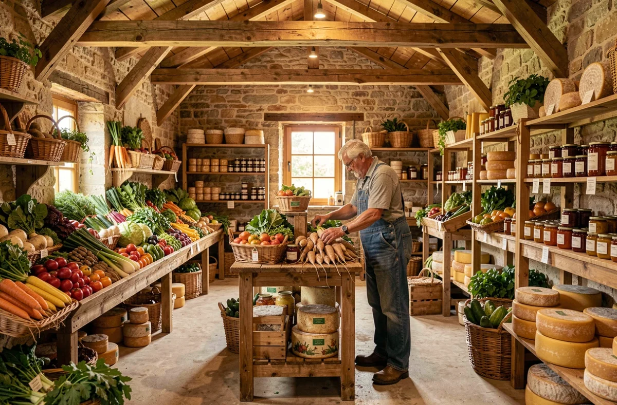 Boutique fermière de La Grande Ferme à Fontenay-le-Vicomte avec des légumes frais, des confitures artisanales et un agriculteur arrangeant les produits