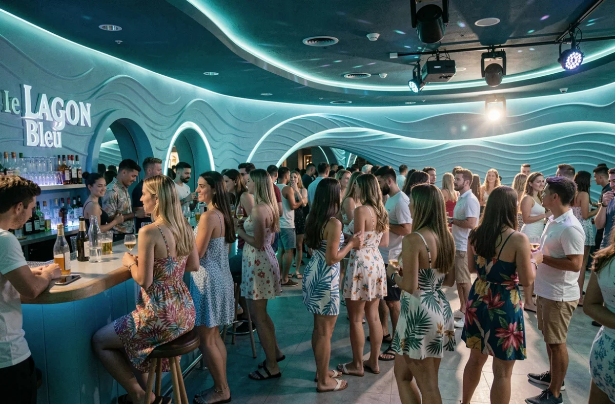 Intérieur thématique bleu lagon de la discothèque Le Lagon Bleu à Nœux-les-Mines avec décor marin et ambiance festive